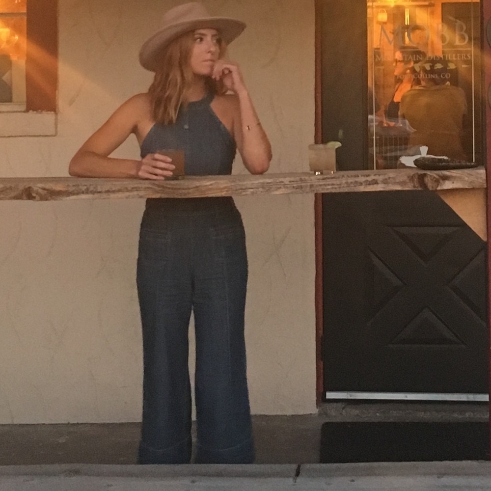 Anthropologie denim cropped wide leg jumpsuit size 0